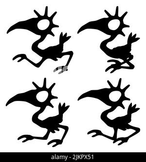 Odd bird walk cartoon silhouette outline black, vector illustration, horizontal, over white, isolated Stock Vector