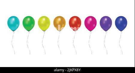A set of 8 colorful inflated helium balloons isolated on a white background illustration. Stock Vector
