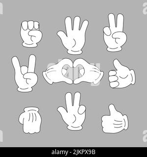 Set of hands with gloves in retro style. Cartoon hands with different gestures in white gloves. Vector illustration.  Stock Vector