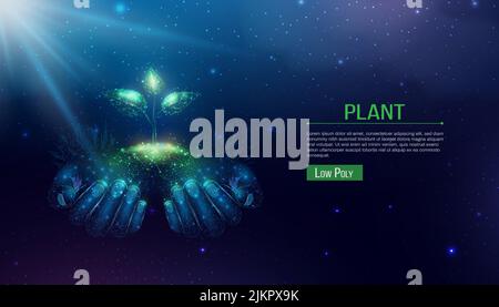 Two human hands are holds green sprout. Glowing low poly hands and plant on dark blue background. Wireframe low poly design. Abstract futuristic vecto Stock Vector