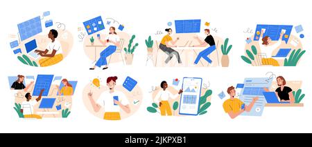 People taking, sharing notes, user experience concept, managing projects, using laptops, phone app interface. Creating tables, kanban boards Stock Vector