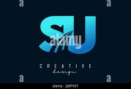 Creative blue letter SU s u logo with leading lines and road concept design. Letters with geometric design. Vector Illustration with letter and creati Stock Vector