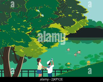 Kids watching ducks in urban garden pond vector poster. Green summer town park nature background. Ducks floating on lake. City natural parkland Stock Vector