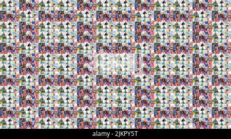 Laptop screen with multi ethnic diverse people, collage of group of multiracial people, webcam view, video chat. A lot of different headshots on Stock Photo