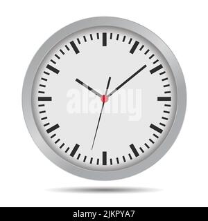 Flat design illustration of a bright wall clock. Round dial with minute, hour and second hands and red center - vector Stock Vector