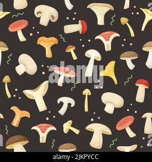 Vector seamless pattern with different types of mushrooms. Stock Vector