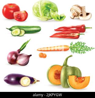 Vegetables decorative icons collection with cucumbers eggplant onions mushrooms carrot cabbage tomato images in realistic style isolated vector illust Stock Vector