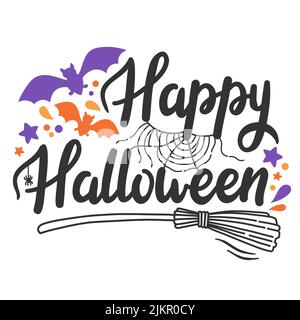 Happy Halloween lettering bats witch broom vector Stock Vector