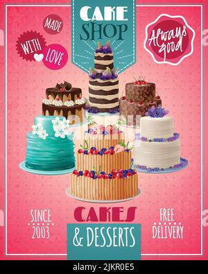 Baked cakes cartoon poster with fruit and chocolate cakes vector illustration Stock Vector