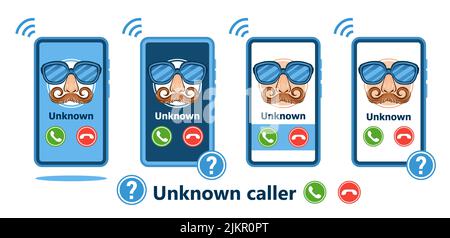 Unknown number phone call, incoming anonymous caller on mobile phone screen icon set. Unfamiliar incognito person ringing. ID identification. Vector Stock Vector
