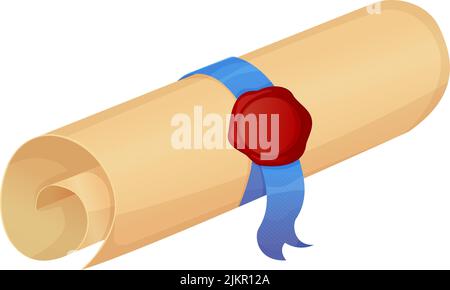 Folded diploma with ribbon and seal isolated on white background in realistic cartoon style. Stock Vector