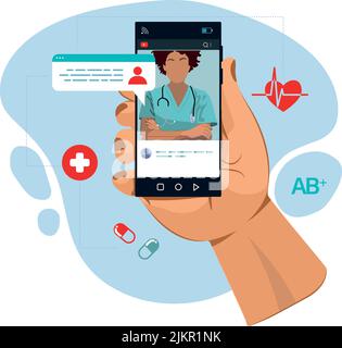 The doctor is on the phone Call a doctor Online doctor s consultation. Laboratory analyzes online View videos or video chat with the doctor Vector illustration Stock Vector