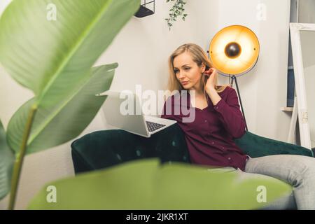 Young white blonde woman sitting on green couch in living room holding and looking at laptop computer. Indoor shot. High quality photo Stock Photo