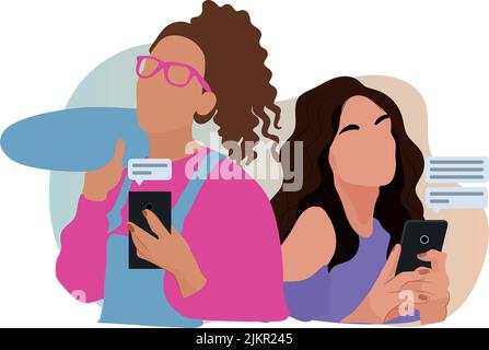 Online chat messages text notification on mobile phone. Hand holds smartphone sms speech bubbles push alerts on screen, digital or electronic chatting on cellphone. Vector illustration in flat style Stock Vector