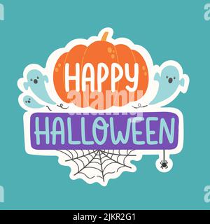 Happy Halloween lettering pumpkin and ghost vector Stock Vector