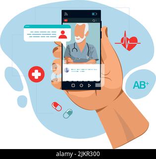 The doctor is on the phone Call a doctor Online doctor s consultation. Laboratory analyzes online View videos or video chat with the doctor Vector illustration Stock Vector