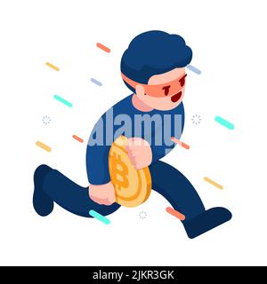 Flat 3d Isometric Hacker or Thief Stealing Bitcoin. Hacker Hacking Bitcoin and Cryptocurrency Concept. Stock Vector