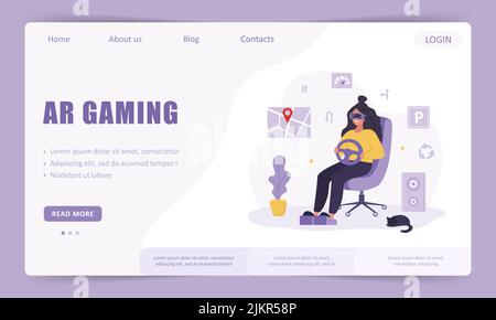 AR gaming landing page template. Woman in VR glasses learning to drive car in metaverse. Racing video game simulator. Modern technology entertainment Stock Vector