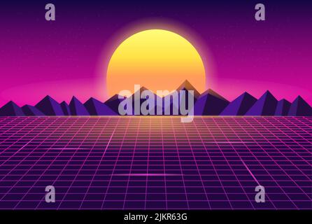 Synthwave Retrowave Sun Illuminated Glowing Mountains Wireframe Landscape Illustration Background Stock Vector