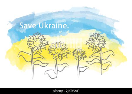 sunflowers on the background of the flag of ukraine save ukraine vector watercolor Stock Vector