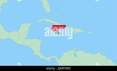 Map of Jamaica with pin of country capital. Jamaica Map with neighboring countries in green color. Stock Vector