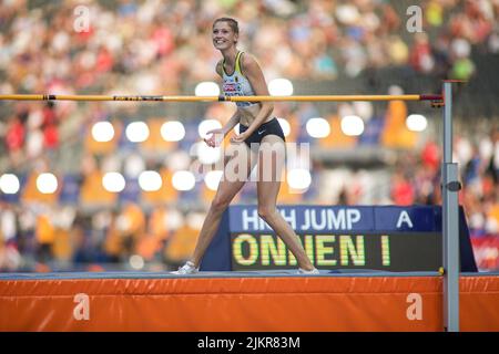 Imke Onnen celebrating a jump at the European Athletics Championships in Berlin 2018. Stock Photo