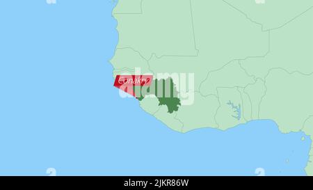 Map of Guinea with pin of country capital. Guinea Map with neighboring countries in green color. Stock Vector