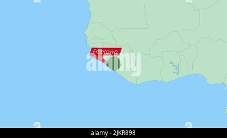 Map of Sierra Leone with pin of country capital. Sierra Leone Map with neighboring countries in green color. Stock Vector