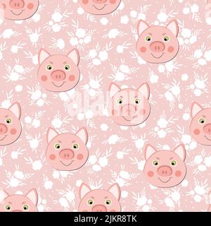 Vector flat animals colorful illustration for kids. Seamless pattern with cute pig face on color background. Adorable cartoon character. Design for Stock Vector