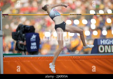 Imke Onnen celebrating a jump at the European Athletics Championships in Berlin 2018. Stock Photo