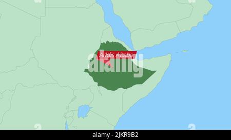 Map of Ethiopia with pin of country capital. Ethiopia Map with neighboring countries in green color. Stock Vector