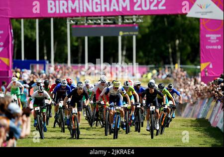 The start of the Men's Mountain Bike Cross-country - Final at Cannock Chase on day six of the 2022 Commonwealth Games. Picture date: Wednesday August 3, 2022. Stock Photo