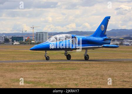 An Aero L-39 Albatros, a high-performance jet trainer aircraft made in Czechoslovakia, on a runway Stock Photo