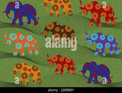 African or Thai Print fabric, Ethnic elephants handmade ornament for your design, colorful Afro flowers tribal motifs, wave geometric elements. Vector Stock Vector