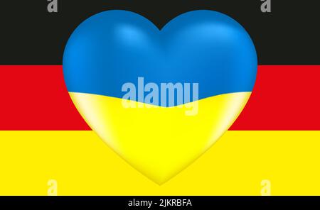 Vector drawing volume heart in the colors of the Ukrainian flag against the background of the flag of Germany. Stock Vector