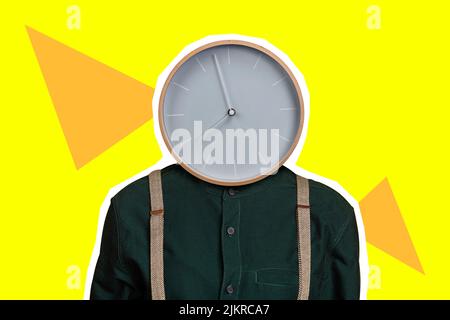 Creative banner collage of interesting weird guy clock face without head appear isolated on yellow color background Stock Photo