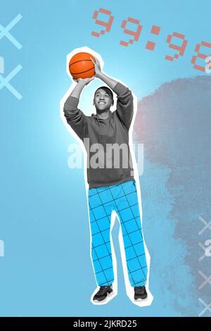 Exclusive painting magazine sketch poster postcard collage of funky funny guy rising orange ball isolated on drawing background Stock Photo