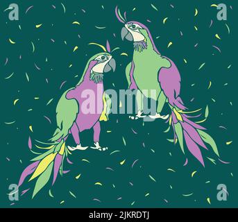 Vector illustration with two vivid parrots. Design with colorful birds and feathers. Stock Vector