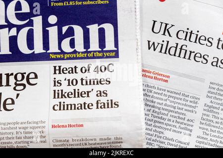 'Heat of 40°C  is '10 times likelier' as climate fails' The Guardian newspaper headline article clipping on front page 29 July 2022 London England UK Stock Photo