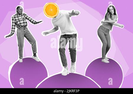 Banner collage of guys lady dance wear casual cloth isolated on painting purple color background Stock Photo