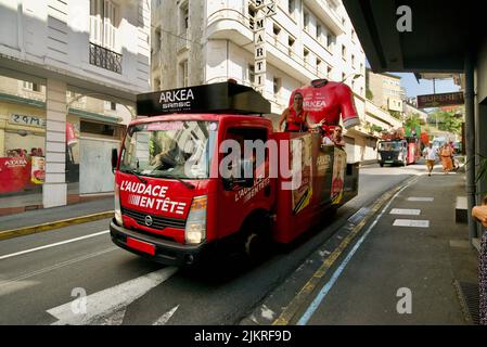 ARKEA-Samsic celebration parade- start of the 2022 Tour de France (Stage 18: Lourdes > Hautacam), the pre-race caravans go through Lourdes, France. Stock Photo