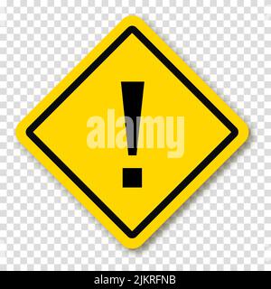 Exclamation point in yellow square or rhombus with shadow. Symbol of caution. Danger warning mark sign. Vector illustration on a transparent backgroun Stock Vector