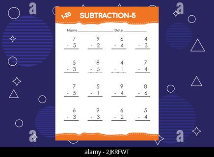 Subtraction worksheet for kids. Educational math activities worksheet for children Stock Vector