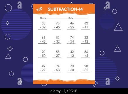 Subtraction worksheet for kids. Educational math activities worksheet for children Stock Vector