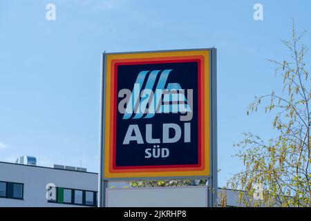 Moenchengladbach / GERMANY - APRIL 27, 2021:  Aldi supermarket chain. Aldi is the common brand of two German family owned discount supermarket chains Stock Photo