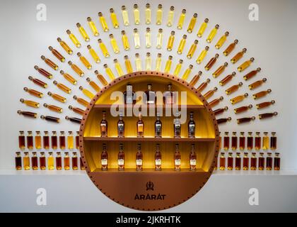 Yerevan, Armenia – May 17, 2022: Ararat alcoholic drinks  stand. Ararat is a brand of Armenian brandy produced by Yerevan Brandy Company since 1887 Stock Photo