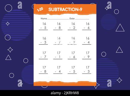 Subtraction worksheet for kids. Educational math activities worksheet for children Stock Vector