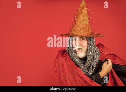 What a night. Halloween wide banner. Halloween decoration and scary concept. 31 october. gothic man in Halloween costume. Magic concept. Experienced Stock Photo
