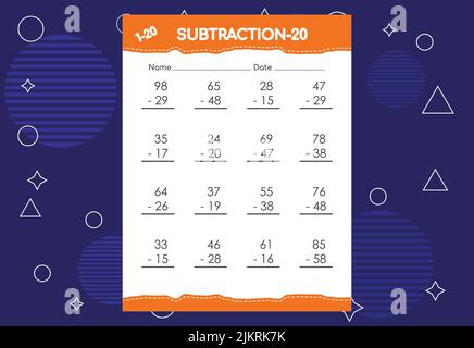 Subtraction worksheet for kids. Educational math activities worksheet for children Stock Vector