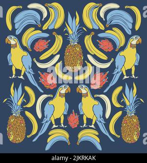 Vector illustration with parrots and exotic fruit. Design with ara, pineappples, dragon fruits and bananas. Stock Vector